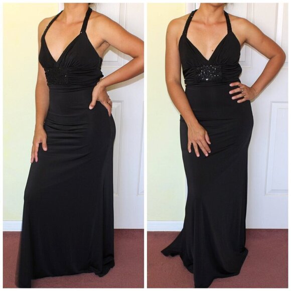 VTG Jessica McClintock Gunne Sax Black Maxi Sheath Dress Size 5/S Prom sequins - Picture 2 of 12